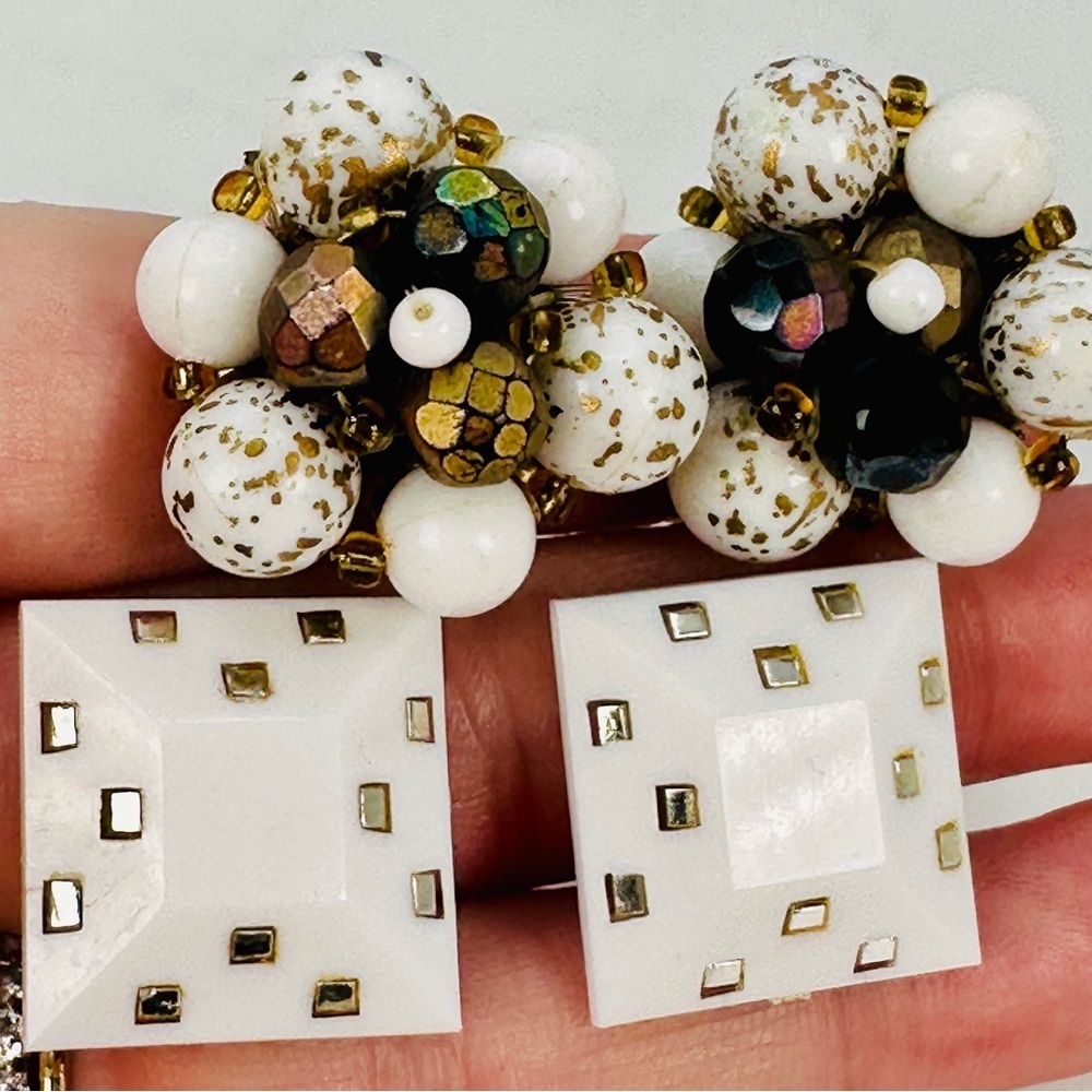 Vintage West Germany Clip On Earrings 2 Pair Beaded Cluster Geometric White